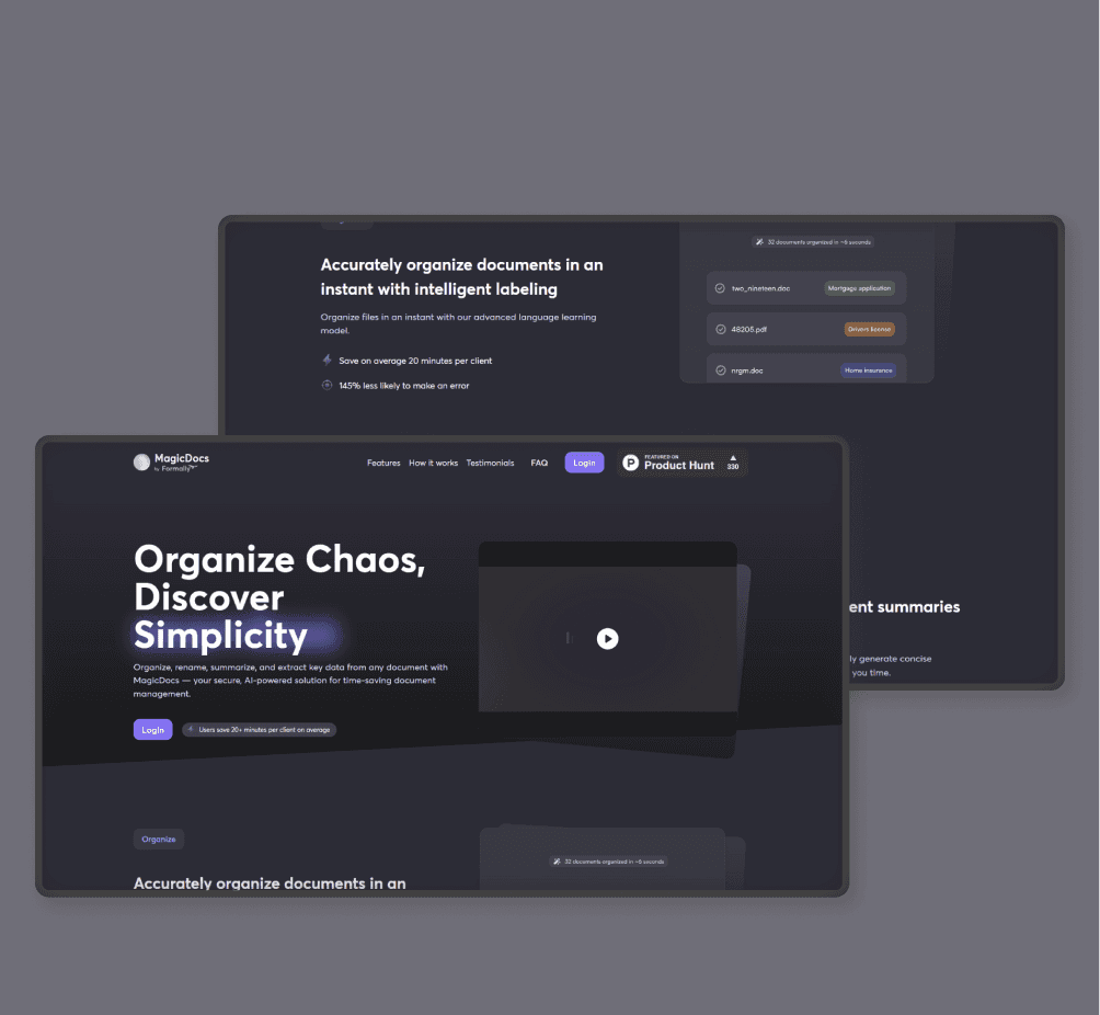 MagicDocs' document organizing and summary screens