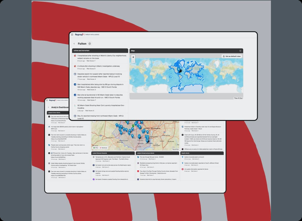 Regroup's threat intelligence feed and alert map