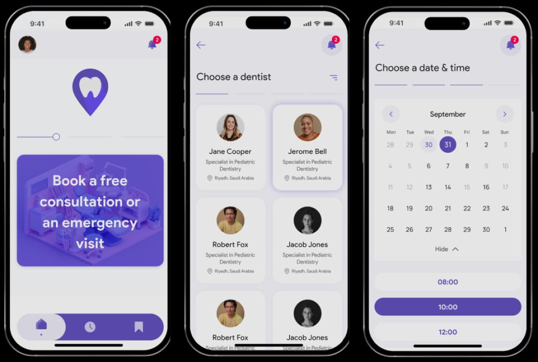 Nine's dental app: booking a consultation, choosing a dentist, and picking a time