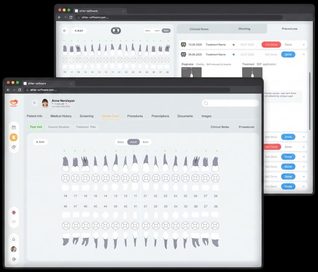 Adamnasoft's dental charting and patient record screens