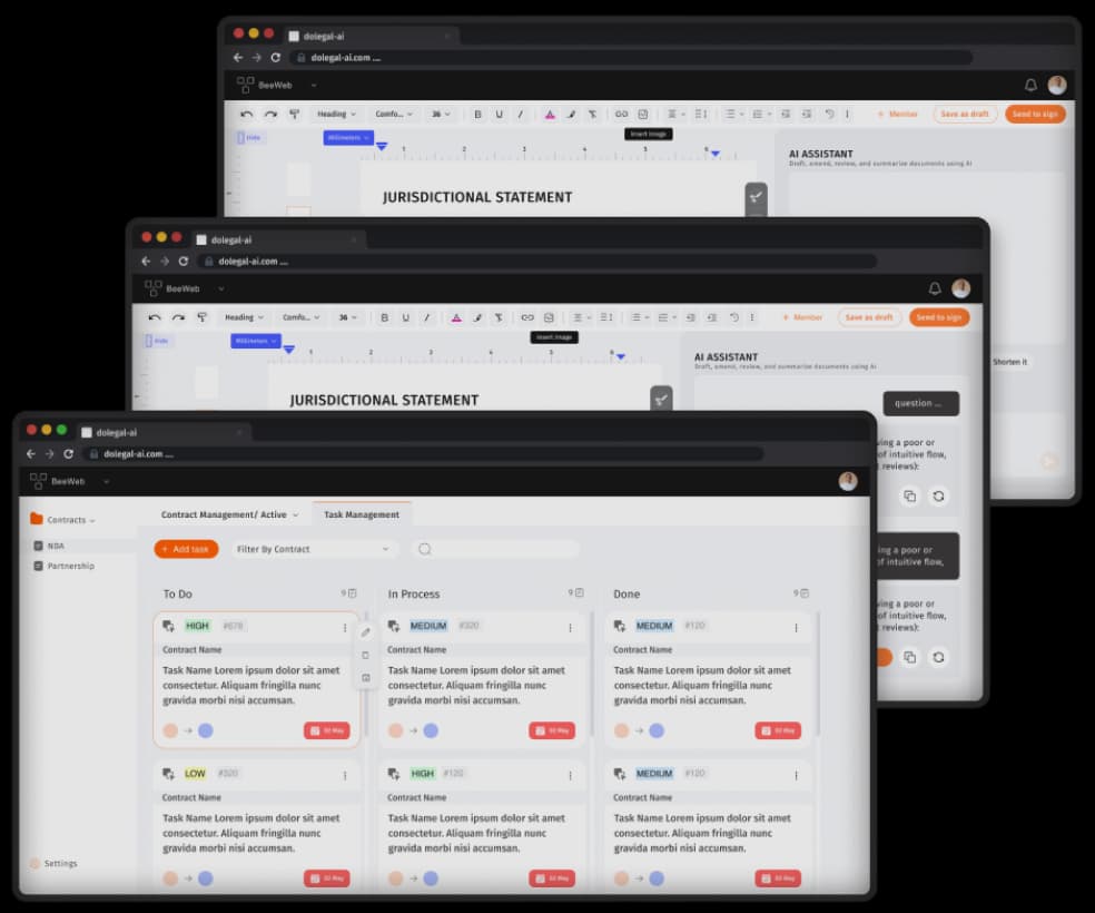 DoLegal's contract editor with its AI assistant and contract task board