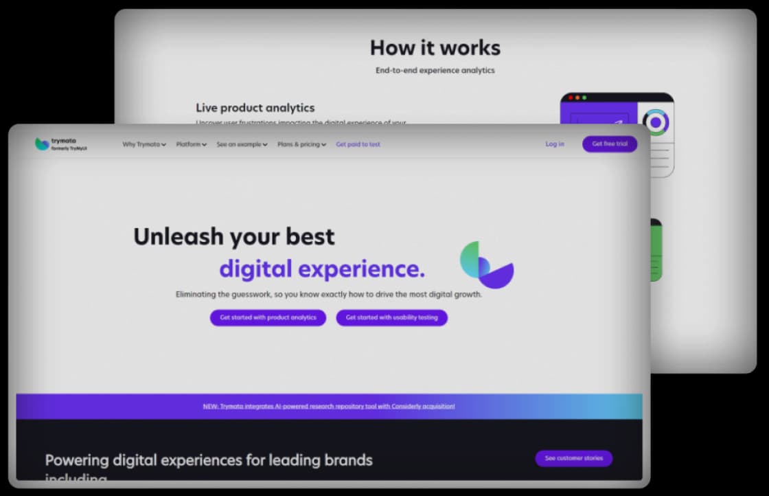 Trymata's usability testing website and live product analytics