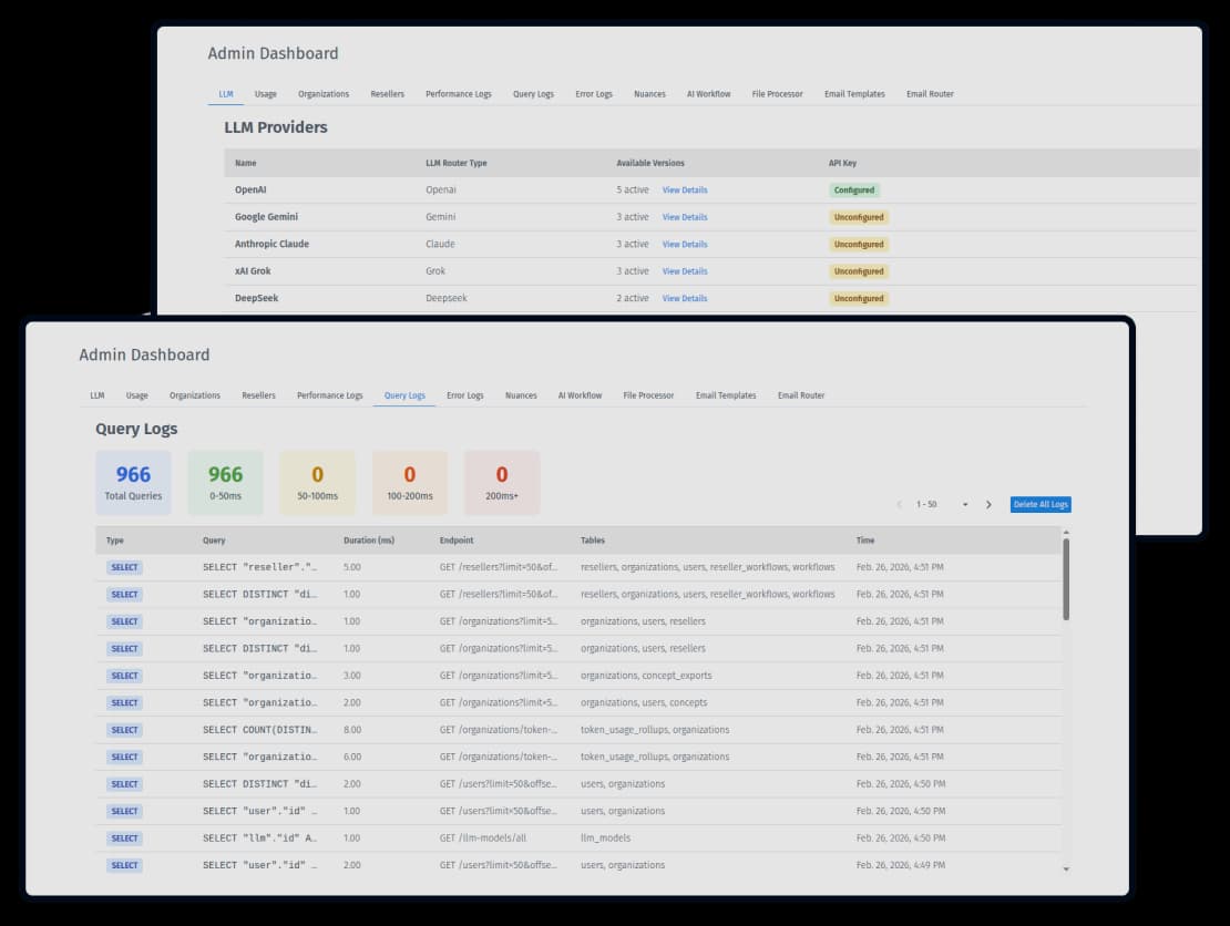 Yogi AI's admin dashboard with LLM providers and query logs