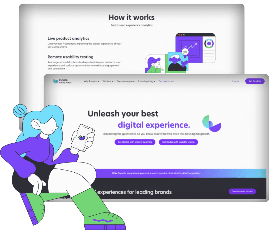 Trymata's product analytics and usability-testing pages rebuilt by BeeWeb